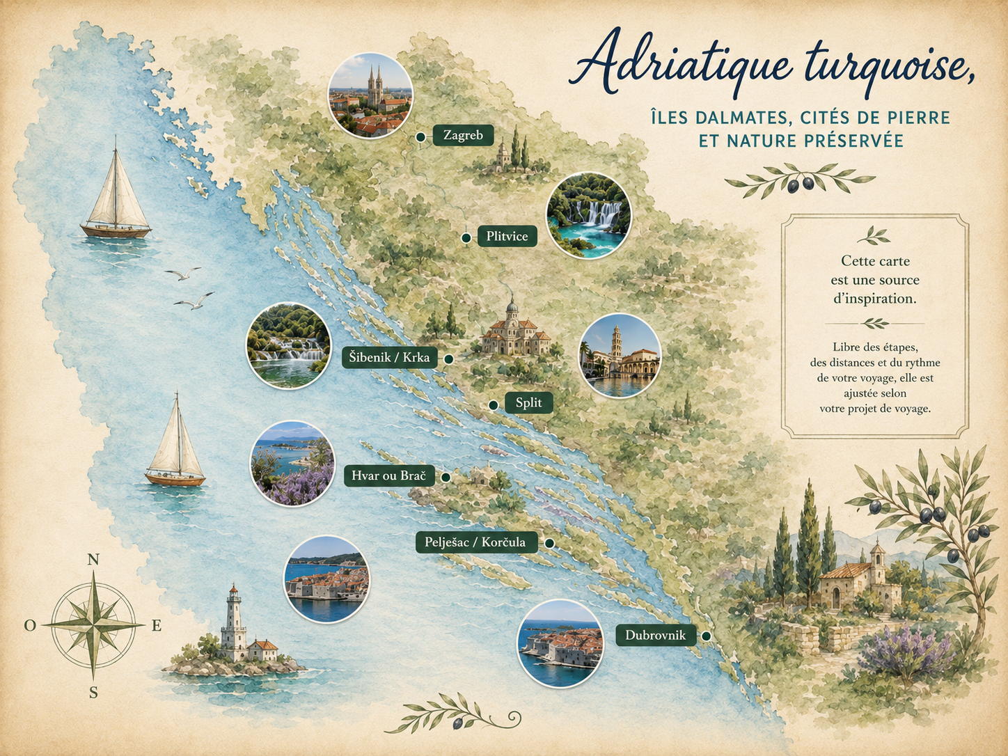 Carte illustrée d’un voyage en Croatie entre Dubrovnik, Split, îles dalmates, Krka, Plitvice et Zagreb