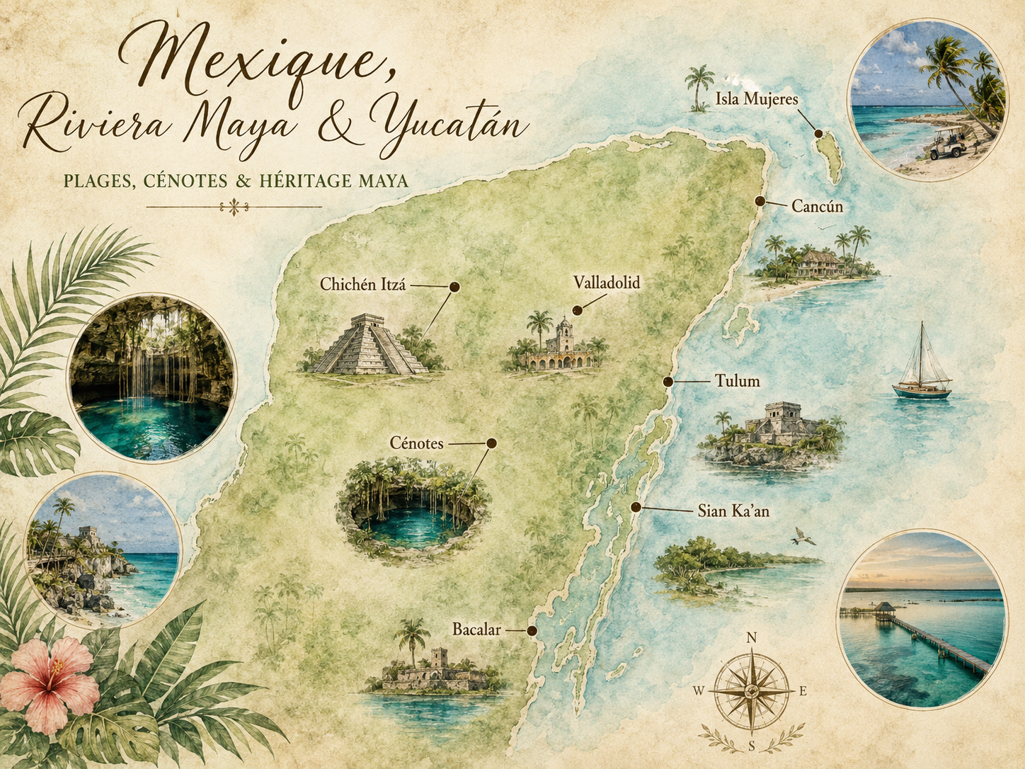 Carte illustrée du Mexique, Yucatán et Riviera Maya