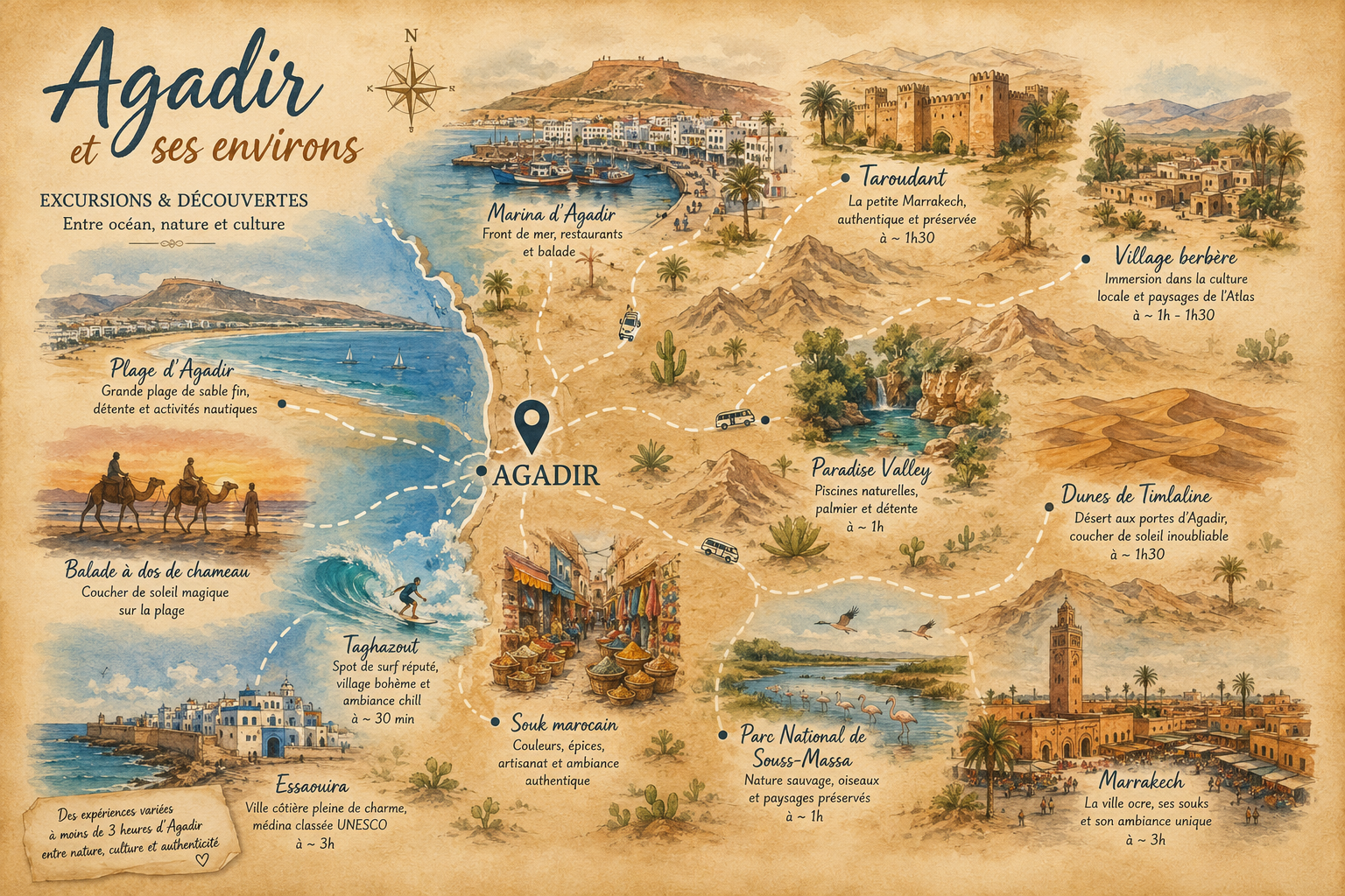 Carte illustrée d’Agadir et de ses excursions au Maroc
