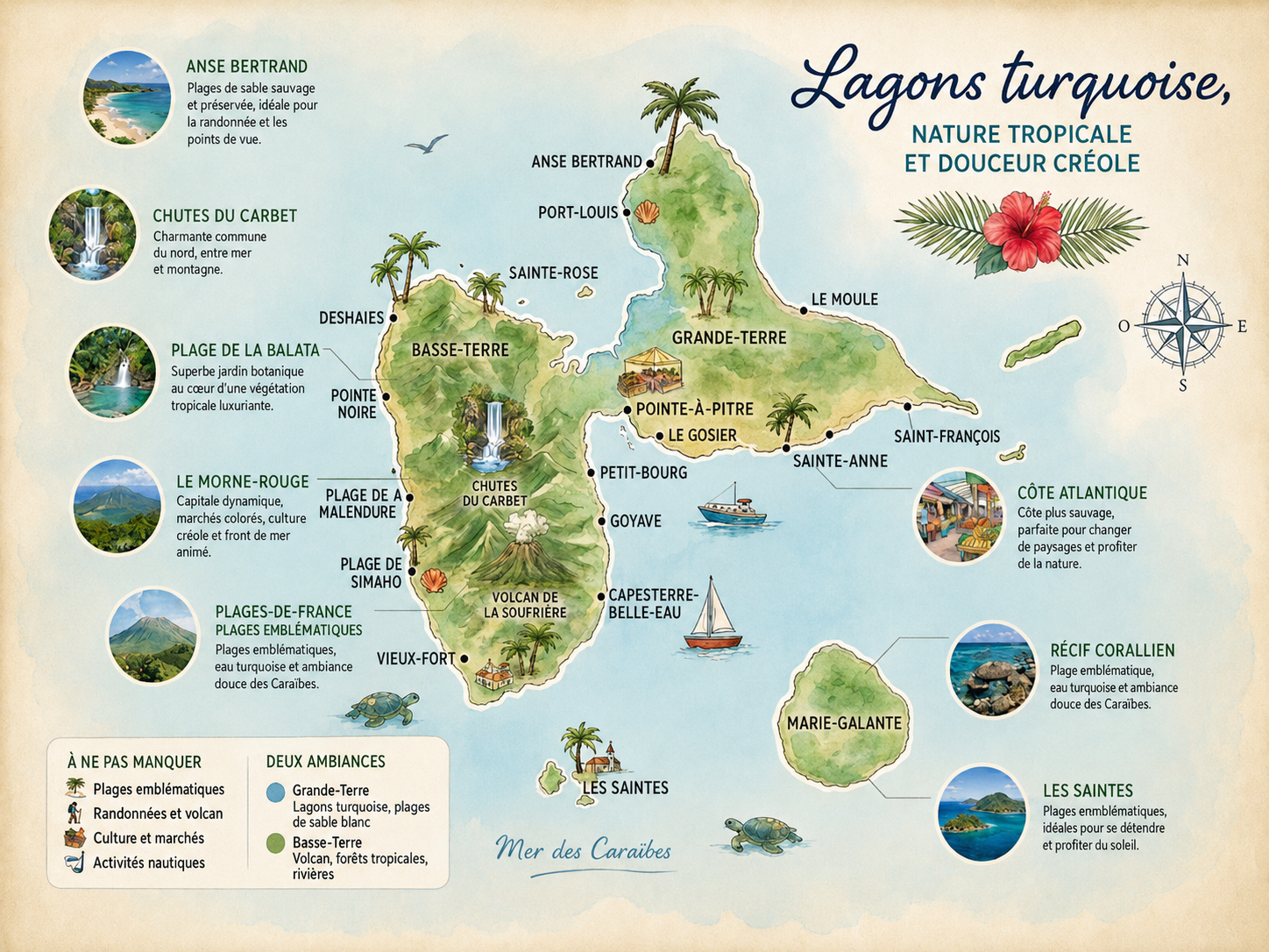 Carte inspiration de la Guadeloupe entre Grande-Terre, Basse-Terre et les Saintes