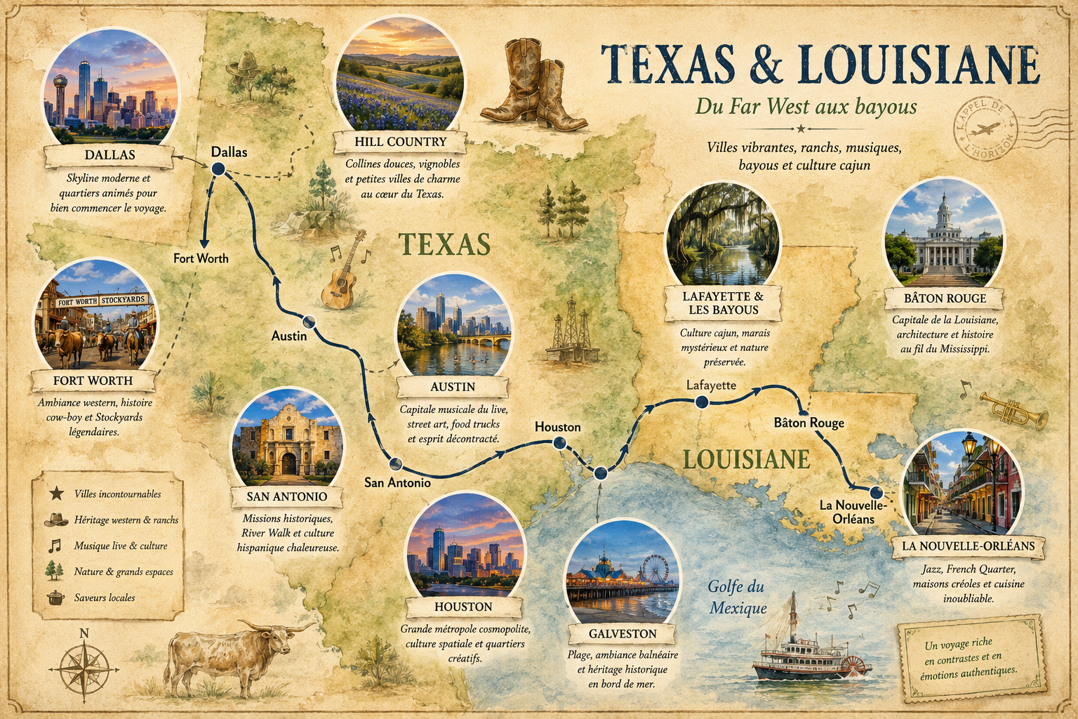 Carte inspiration d’un road trip entre Texas et Louisiane