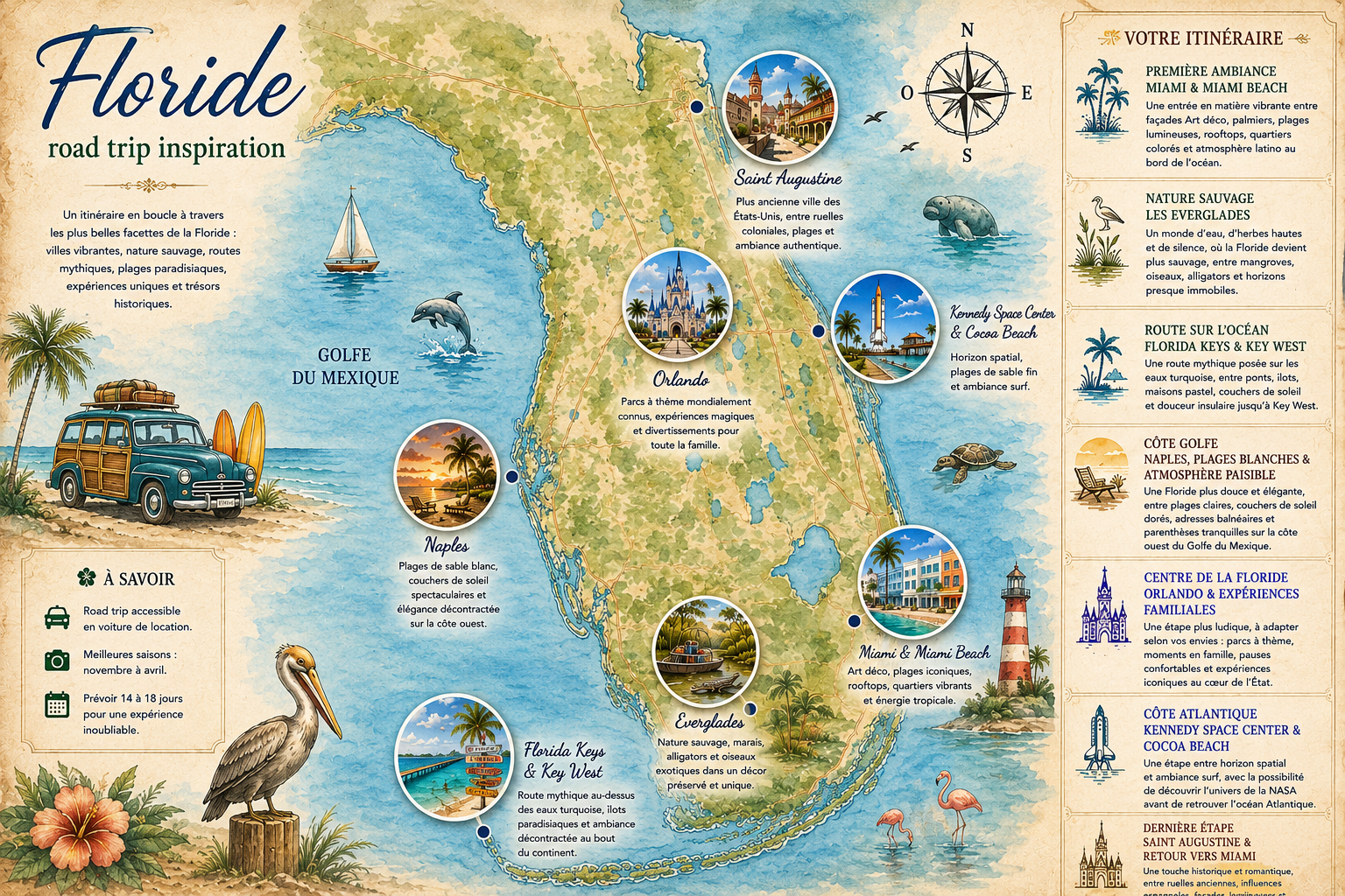 Carte illustrée d’un voyage en Floride entre Miami, les Keys, les Everglades et la côte Atlantique