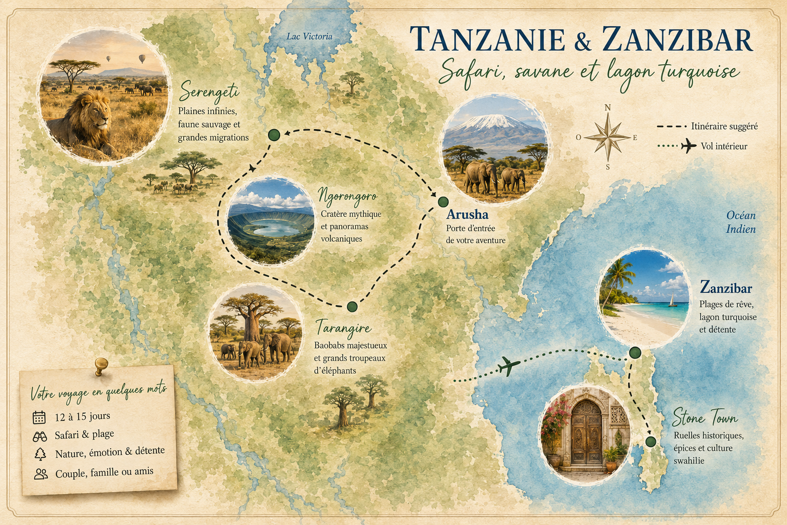 Carte illustrée de la Tanzanie et Zanzibar
