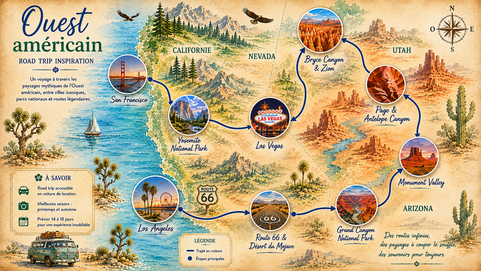 Carte illustrée d’un road trip dans l’Ouest américain