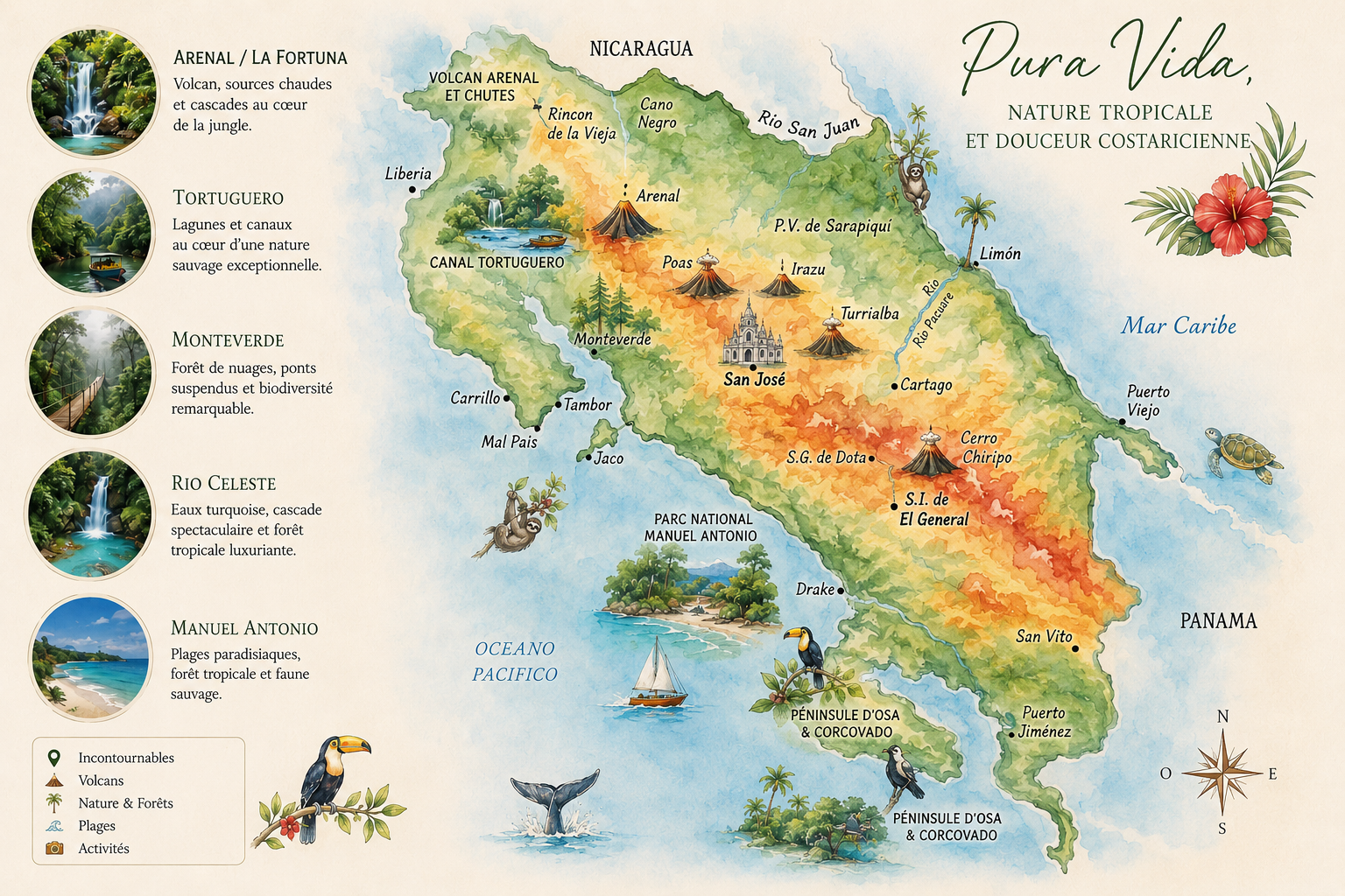 Carte inspiration d’un road trip au Costa Rica entre jungle, volcans et plages du Pacifique