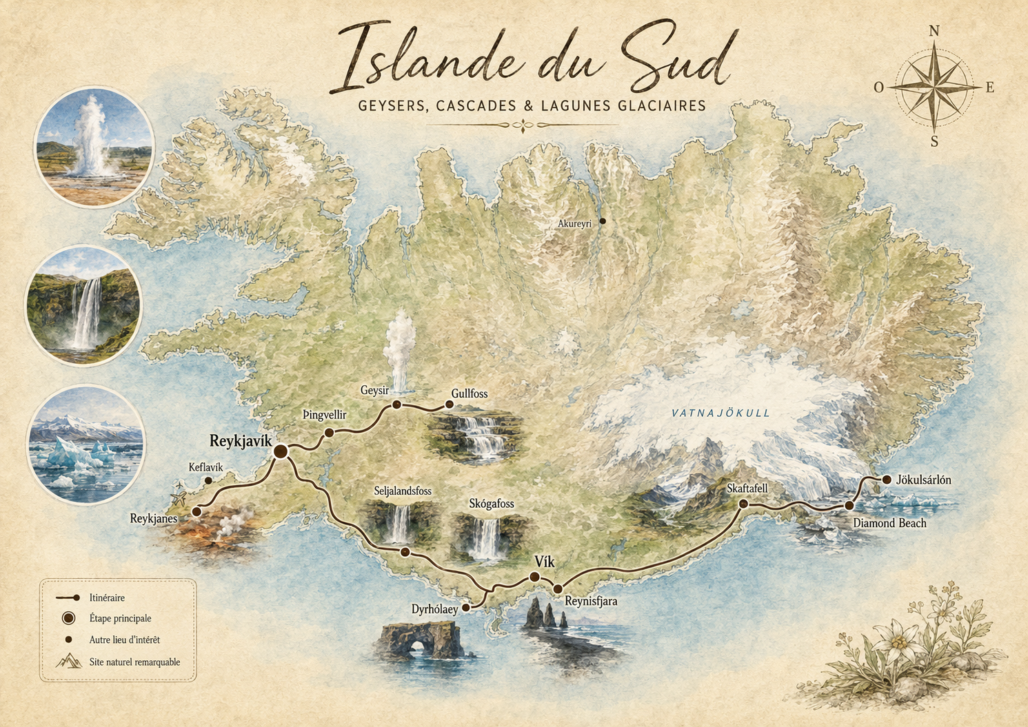 Carte illustrée de l’Islande du Sud avec geysers, cascades et lagunes glaciaires