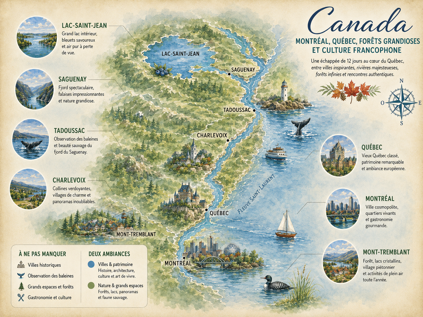 Carte inspiration d’un road trip au Québec et dans l’Est canadien