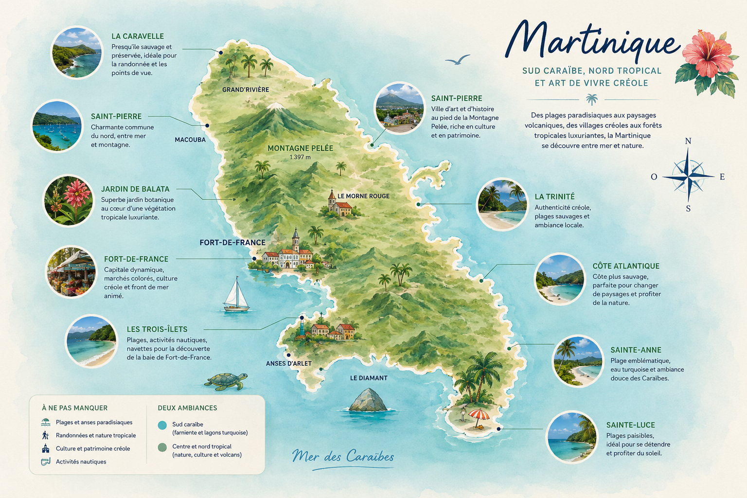 Carte inspiration de la Martinique entre sud caraïbe, nord tropical et villages créoles