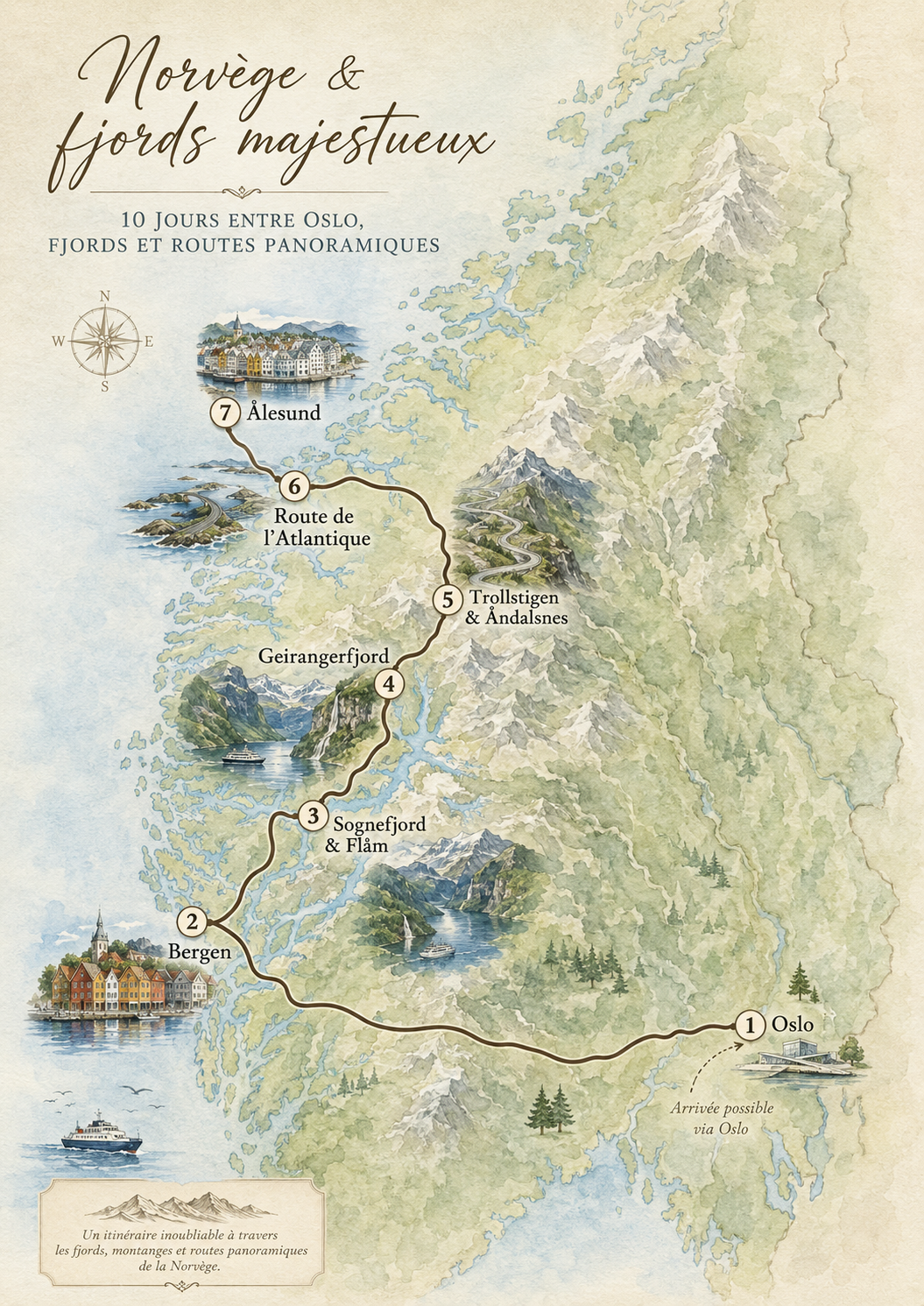 Carte illustrée d’un itinéraire dans les fjords de Norvège