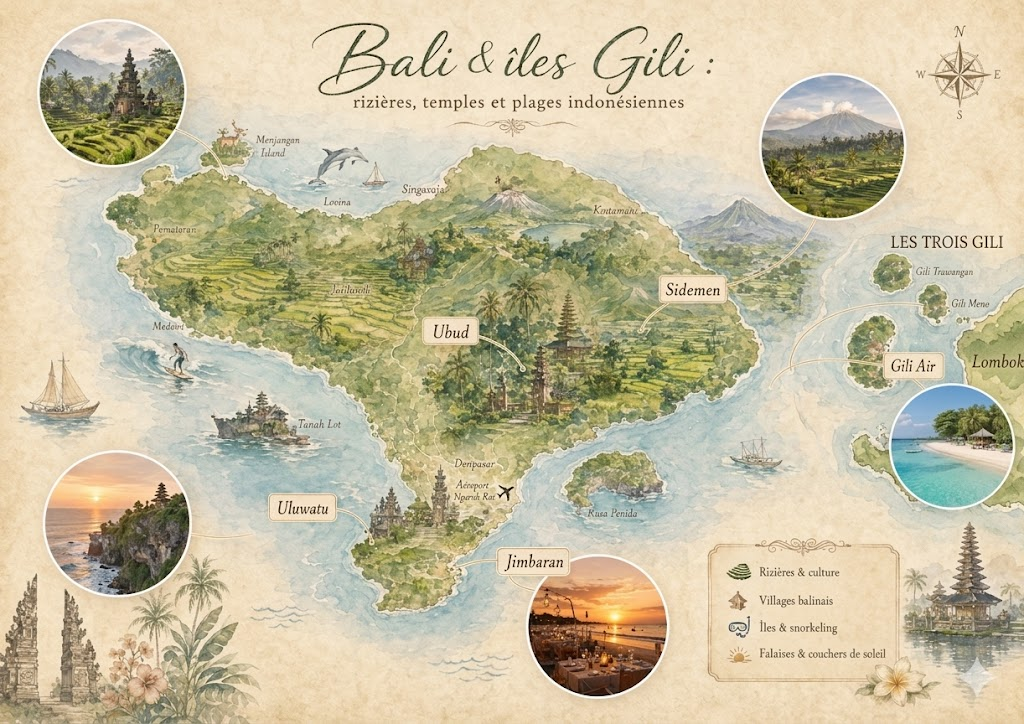 Carte illustrée d’un voyage à Bali et aux îles Gili